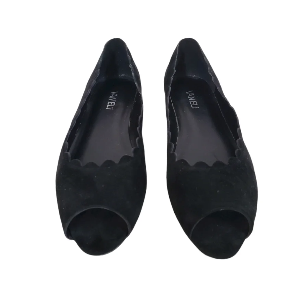 VanEli Black Suede Scalloped Peep Toe Flats EUC